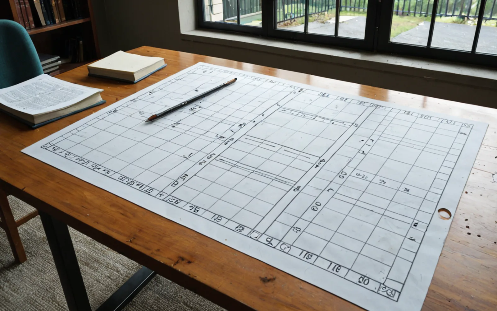 A large technical plan and pencil spread across a timber worktable.