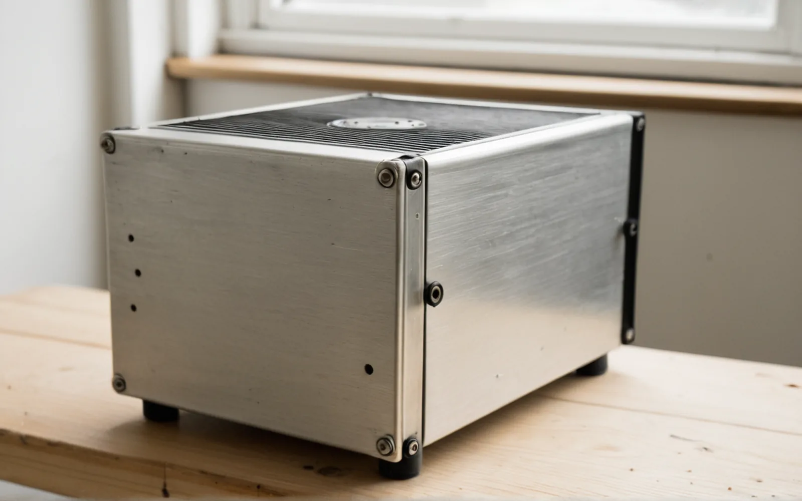 A brushed-metal computer enclosure with a vented top on a timber workbench beside a window.
